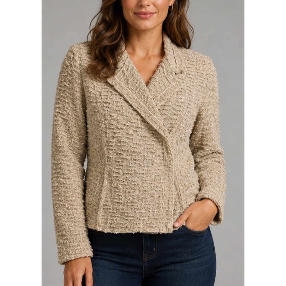 Cabi‎ Women Beige Textured Boucle Blazer Double Breasted Snap Jacket Size M